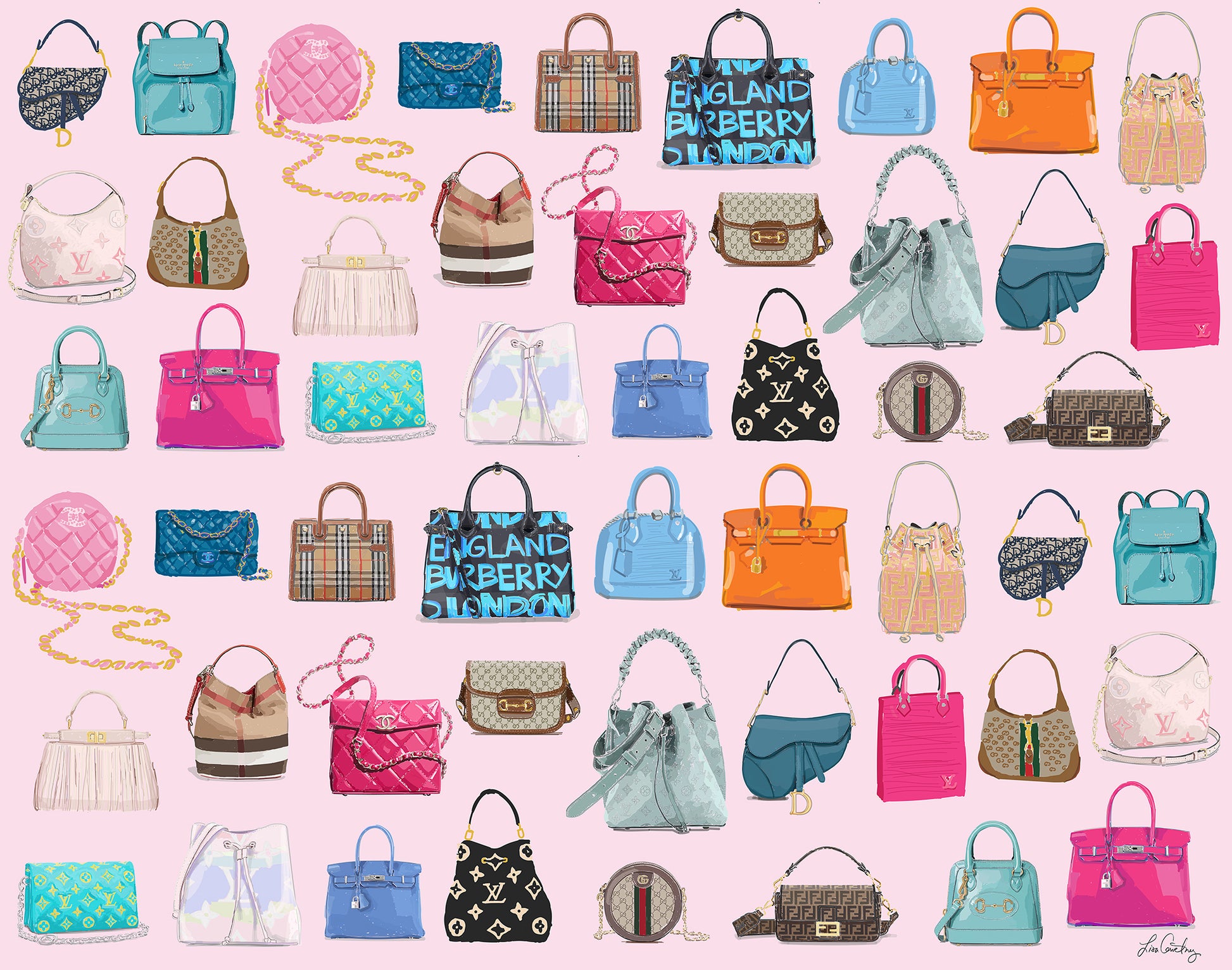 Image of the Designer Handbag Print Scarf by Lisa Courtney Designs. Light pint rectangular scarf printed with vibrant hand painted satchels, totes, purses and crossbody bags.